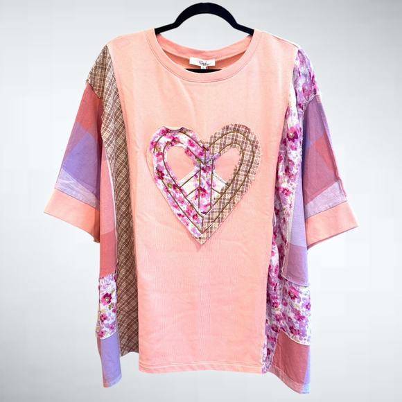 easel Tops - Size S Oversized Easel Heart Patched Top in Peach